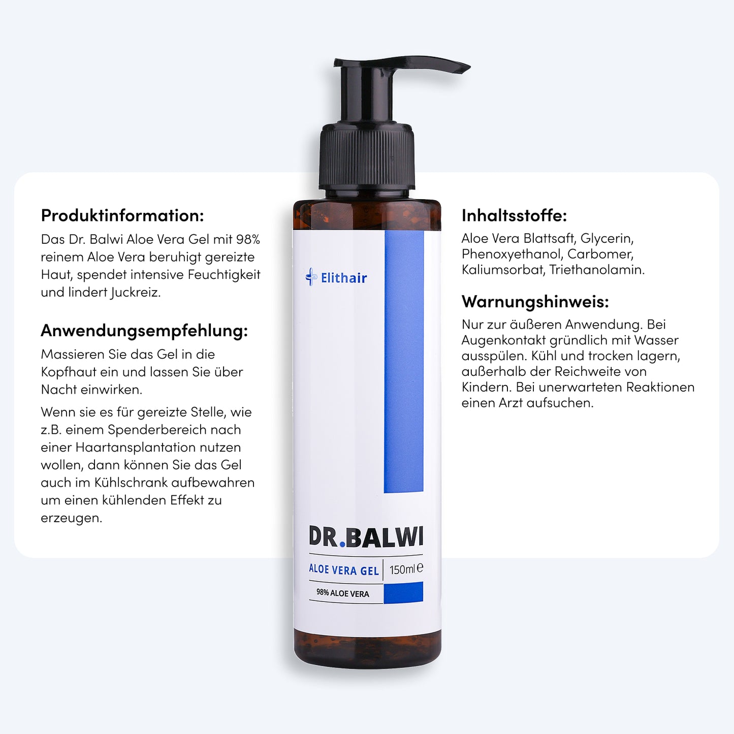 Eine Flasche Dr. Balwi 98% Aloe Vera (150 ml) aus dem Dr. Balwi Shop mit einer Pumpe, mit einem weißen und blauen Etikett. Der deutsche Text hebt die Feuchtigkeitspflege für das Haar, die Anwendung bei trockener Kopfhaut, die Inhaltsstoffe und die Warnhinweise hervor.