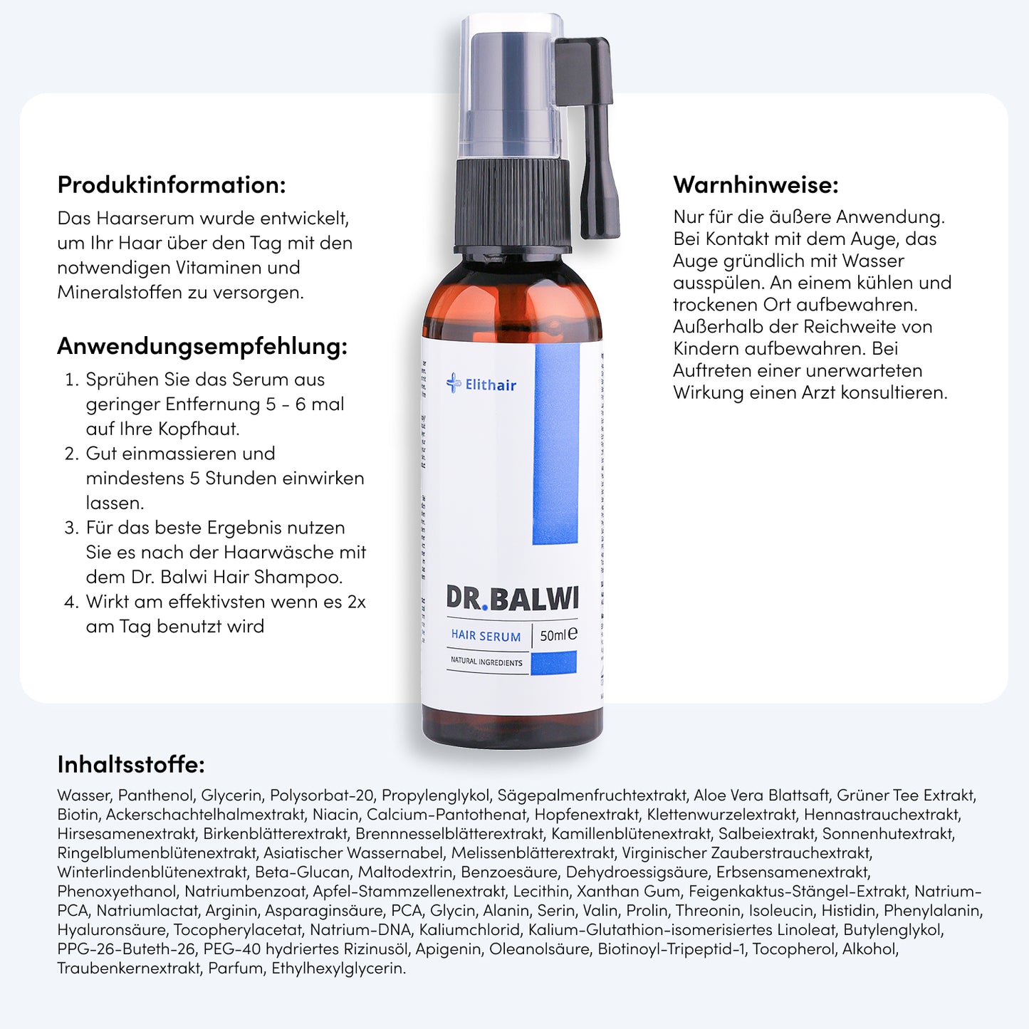 Eine Dr. Balwi Haarserum-Flasche mit einer Pumpe ist neben den Produktinformationen - Anwendungshinweise, Warnhinweise und eine Liste der pflanzlichen Stammzellen-Inhaltsstoffe in deutscher Sprache - auf weißem Hintergrund abgebildet. Marke: Dr. Balwi Shop.