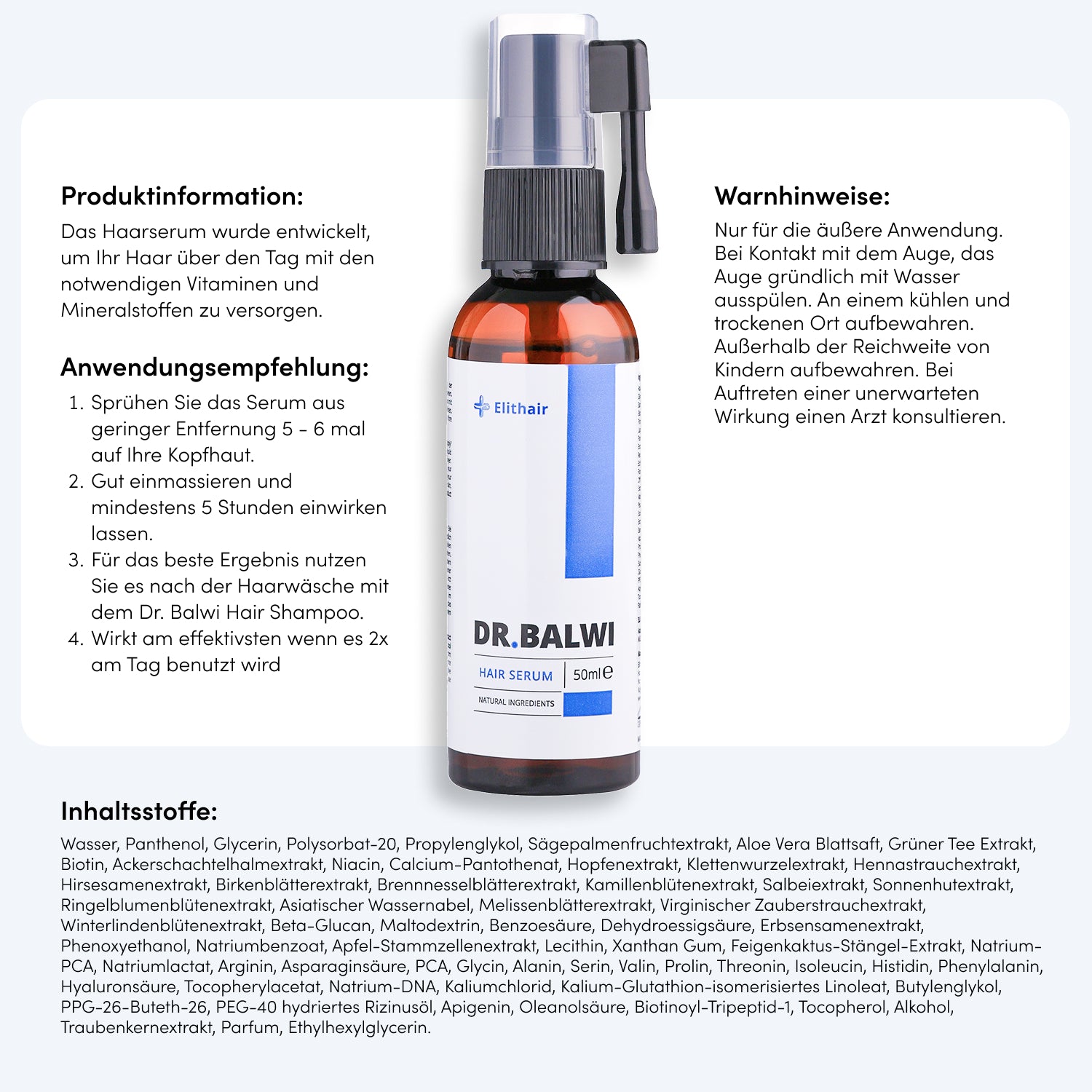 Eine Dr. Balwi Haarserum-Flasche mit einer Pumpe ist neben den Produktinformationen - Anwendungshinweise, Warnhinweise und eine Liste der pflanzlichen Stammzellen-Inhaltsstoffe in deutscher Sprache - auf weißem Hintergrund abgebildet. Marke: Dr. Balwi Shop.