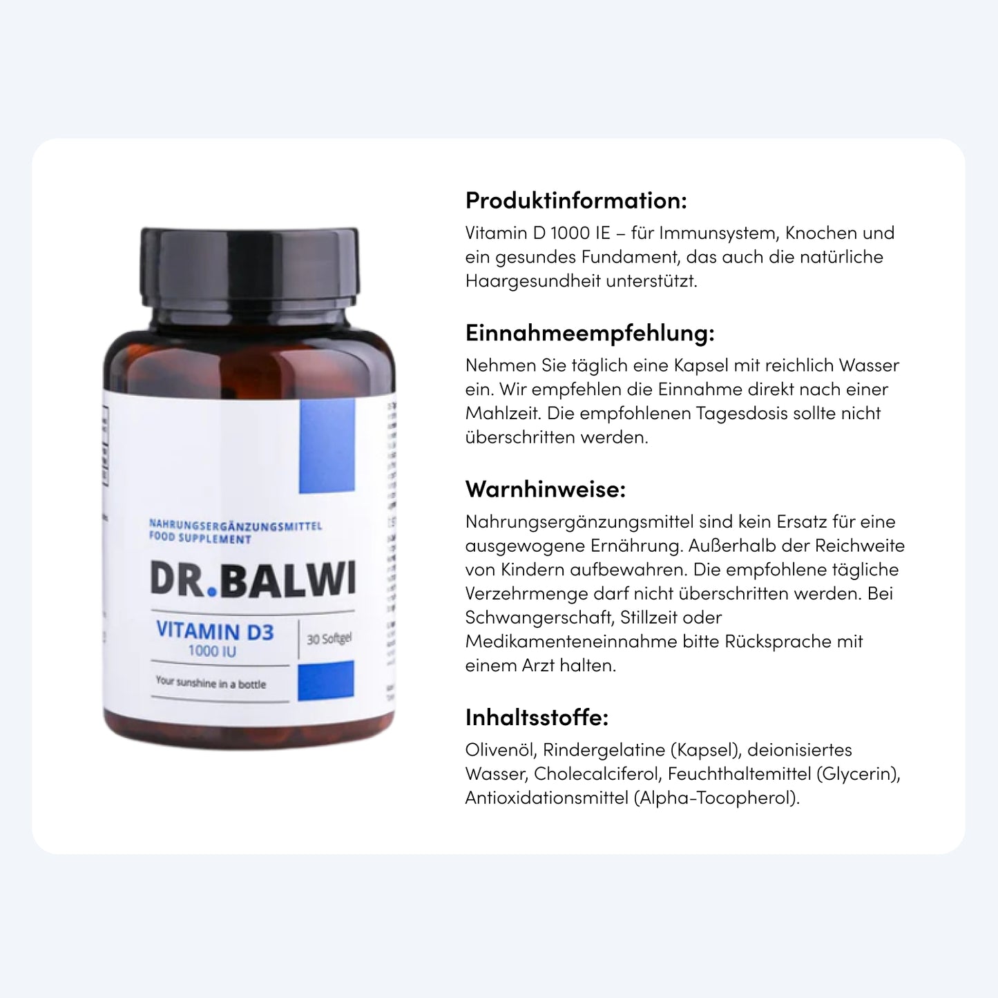 Eine Flasche Vitamin D 1000 IE aus dem Dr. Balwi Shop wird neben einem Textfeld mit Produktdetails, Anwendungshinweisen und Warnhinweisen in deutscher Sprache gezeigt - ideal zur Unterstützung des Immunsystems und Vorbeugung von Haarausfall.
