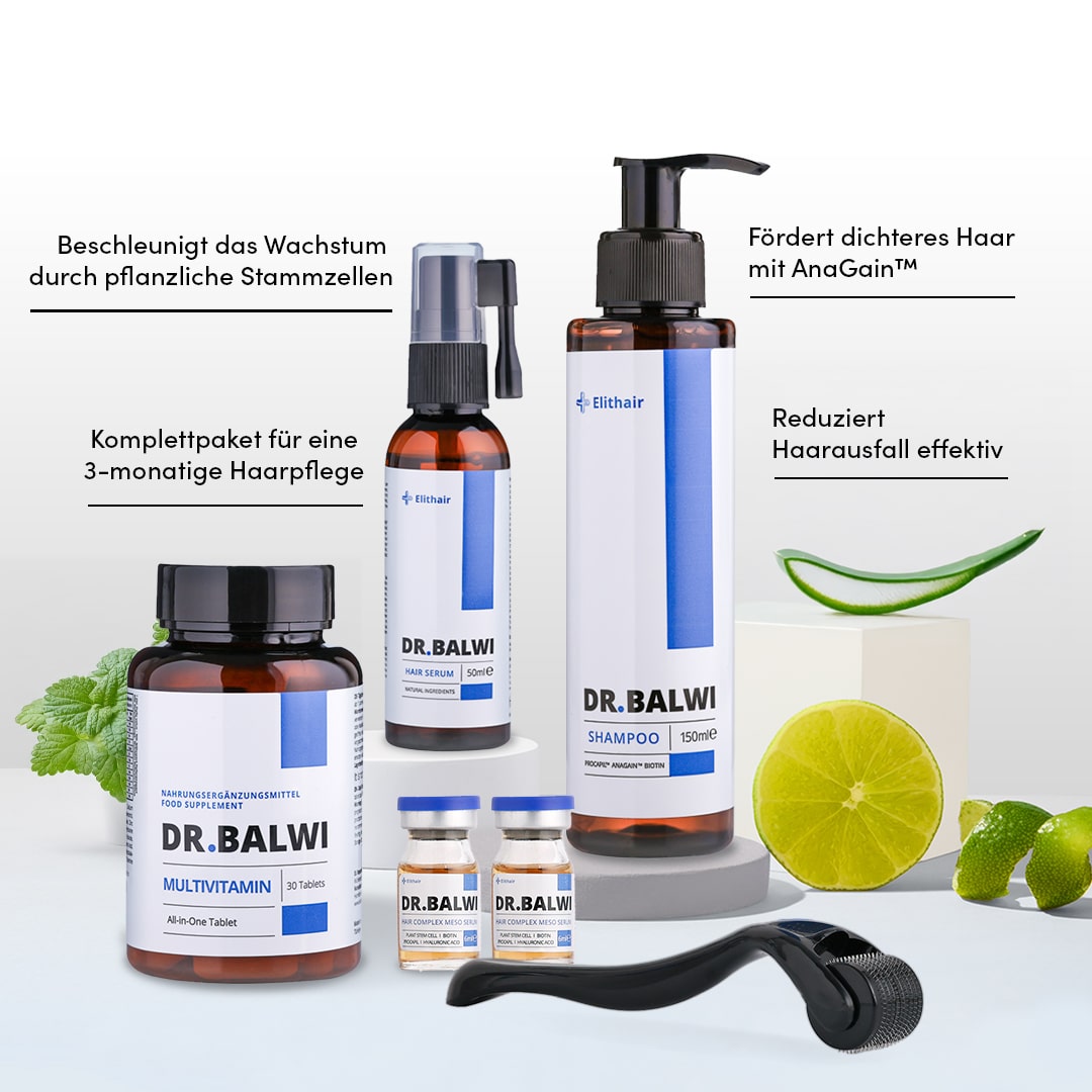 Das Dr. Balwi Hair Boost Set von shop.elithairtransplant enthält Procapil™ Shampoo, Spray, Multivitamintabletten, Serumfläschchen und einen Mikronadelroller, abgebildet mit Aloe Vera und Limette. Der deutsche Text hebt die wichtigsten Vorteile hervor.