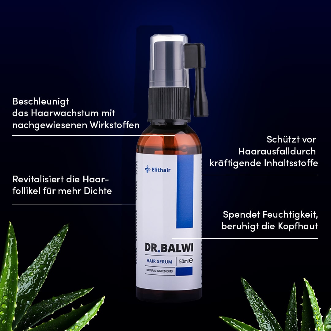 Eine Flasche Dr. Balwi Haarserum von shop.elithairtransplant ist auf dunklem Hintergrund zentriert, umgeben von Aloe-Vera-Blättern. Der deutsche Text hebt das hochkonzentrierte Serum für schnelleres Haarwachstum und Schutz vor Haarausfall hervor.
