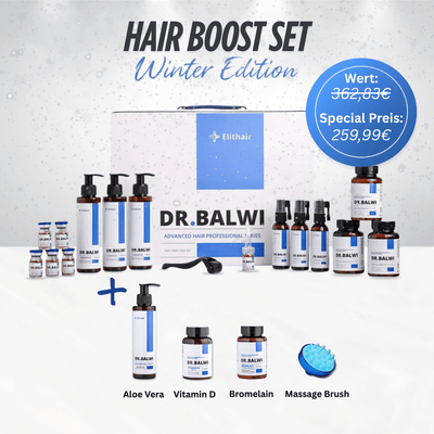 Das Hair Boost Set - Winter Edition von Dr. Balwi Shop wird mit Flaschen, Kapseln und einer Massagebürste neben einer großen Schachtel präsentiert. Ein Sonderpreis von 259,99 € wird hervorgehoben.