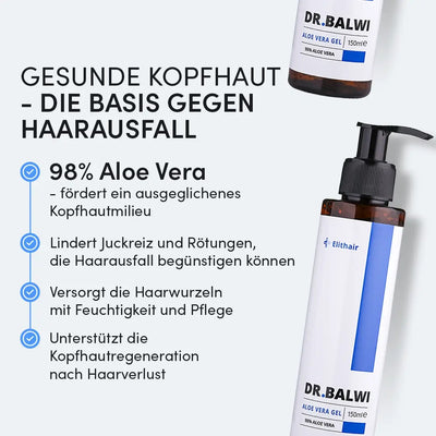 Pflegen Sie Ihr Haar mit Dr. Balwi Shop's Dr. Balwi 98% Aloe Vera! Hergestellt aus 98% Aloe Vera, beruhigt es trockene Kopfhaut, reduziert Juckreiz und Haarausfall, spendet den Haarwurzeln tiefenwirksam Feuchtigkeit und unterstützt die Regeneration der Kopfhaut.