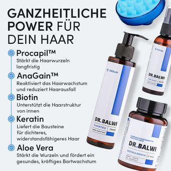 Die Infografik zeigt die Anti-Haarausfall-Routine von Dr. Balwi Shop mit Procapil, AnaGain, Biotin, Keratin, Aloe Vera, einem blauen Kopfhautmassagegerät sowie Shampoo und Seren der Marke. Der Text hebt die ganzheitlichen Vorteile für die Haarkraft hervor.