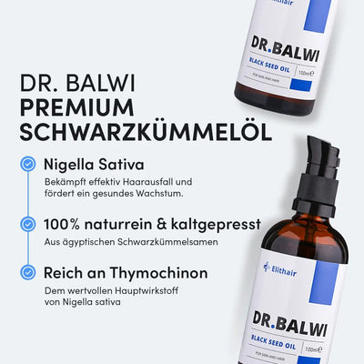 Abgebildet ist eine Flasche Dr. Balwi Shop's Premium Schwarzkümmelöl mit natürlichem, kaltgepresstem Nigella Sativa Öl zur Haarpflege. Es hilft gegen Haarausfall und unterstützt das Wachstum und wird in einer eleganten schwarzen Pumpflasche mit weißem Etikett geliefert.
