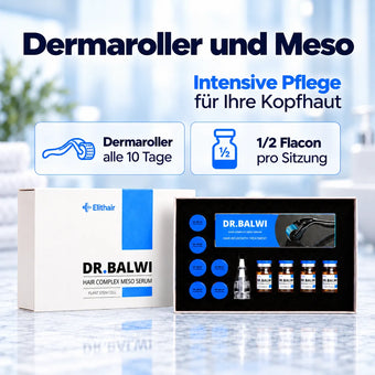 Dr. Balwi Hair Boost Set, bestehend aus einem Dermaroller, Serumampullen und einem Applikator in einer Display-Verpackung, mit einer obenauf befindlichen schriftlichen Anleitung zur Kopfhautpflege.