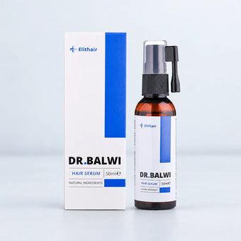 Eine 50-ml-Flasche Dr. Balwi Haarserum neben ihrer weiß-blauen Verpackung, das für das Haarwachstum entwickelt wurde.