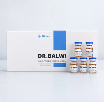 Die Produktverpackung Dr. Balwi Meso-Therapie (Nachfüllpackung) ist neben fünf kleinen bernsteinfarbenen Glasfläschchen mit blauen Verschlusskappen abgebildet.