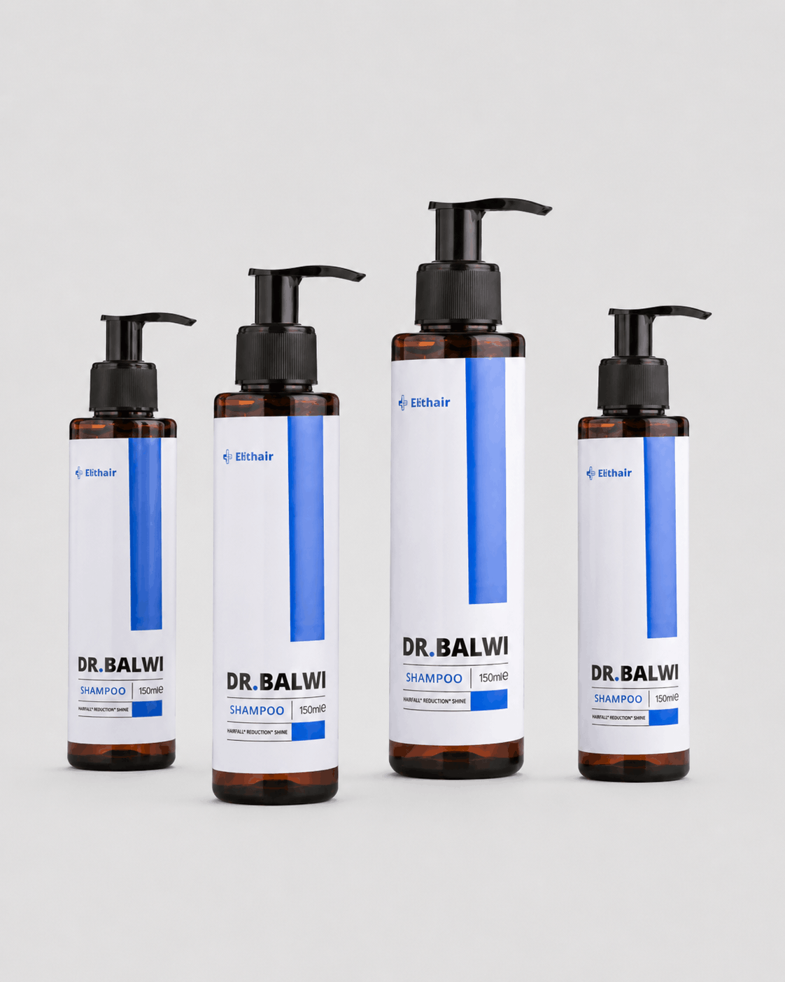 Vier Dr. Balwi Shampoo-Flaschen aus dem Dr. Balwi Shop, in zwei Größen mit weißen und blauen Ethair-Etiketten, sind auf einem hellgrauen Hintergrund abgebildet - perfekt für Haarwachstum und Haarausfallpflege.