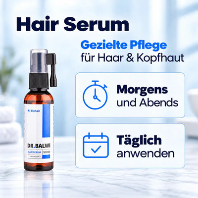 Eine Flasche des Dr. Balwi Hair Boost Set, abgebildet mit Symbolen und Text, die auf die tägliche Anwendung morgens und abends zur Haar- und Kopfhautpflege hinweisen.
