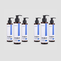 Sechs Flaschen Dr. Balwi Shop's 98% Aloe Vera Gel mit Pumpspendern, gruppiert in Zweiergruppen auf hellgrauem Hintergrund. Weiße Etiketten mit blauen Akzenten betonen die wohltuende Pflege für trockene Kopfhaut.