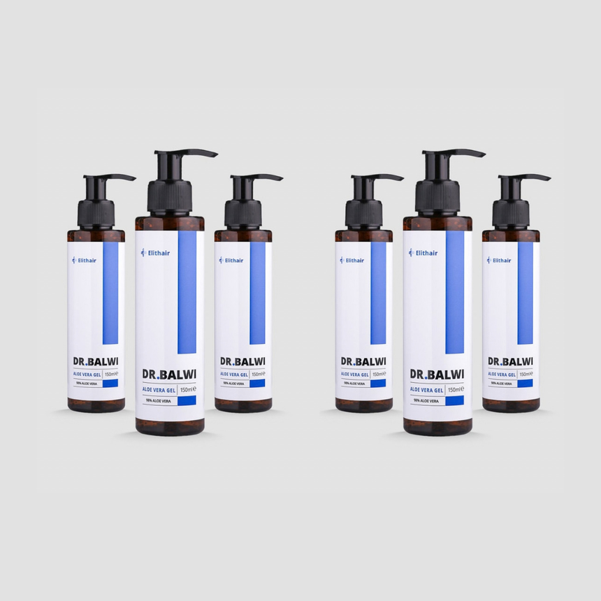 Sechs Flaschen Dr. Balwi Shop's 98% Aloe Vera Gel mit Pumpspendern, gruppiert in Zweiergruppen auf hellgrauem Hintergrund. Weiße Etiketten mit blauen Akzenten betonen die wohltuende Pflege für trockene Kopfhaut.