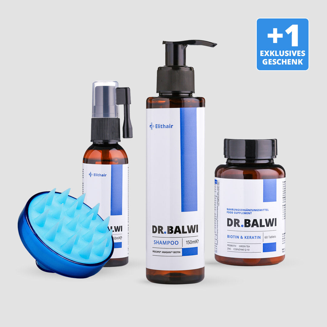 Die Anti-Haarausfall-Routine von shop.elithairtransplant – bestehend aus Shampoo, Spray, Nahrungsergänzungsmitteln und einem blauen Kopfhautmassagegerät – wird auf einem hellen Hintergrund angezeigt, mit einem hervorgehobenen Angebot „+1 exklusives Geschenk“ in der oberen rechten Ecke.