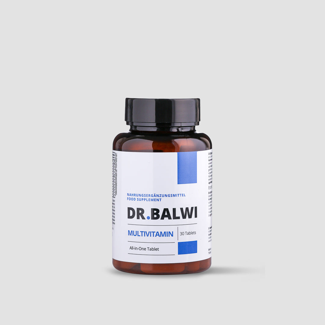 Eine braune Plastikflasche mit der Aufschrift „Multivitamin Complex“ von shop.elithairtransplant und schwarzem Verschluss enthält 30 All-in-One-Tabletten. Das überwiegend weiße Etikett mit blauen Akzenten trägt den Namen „Reishi-Pilzextrakt“ und enthält Text in Deutsch und Englisch.