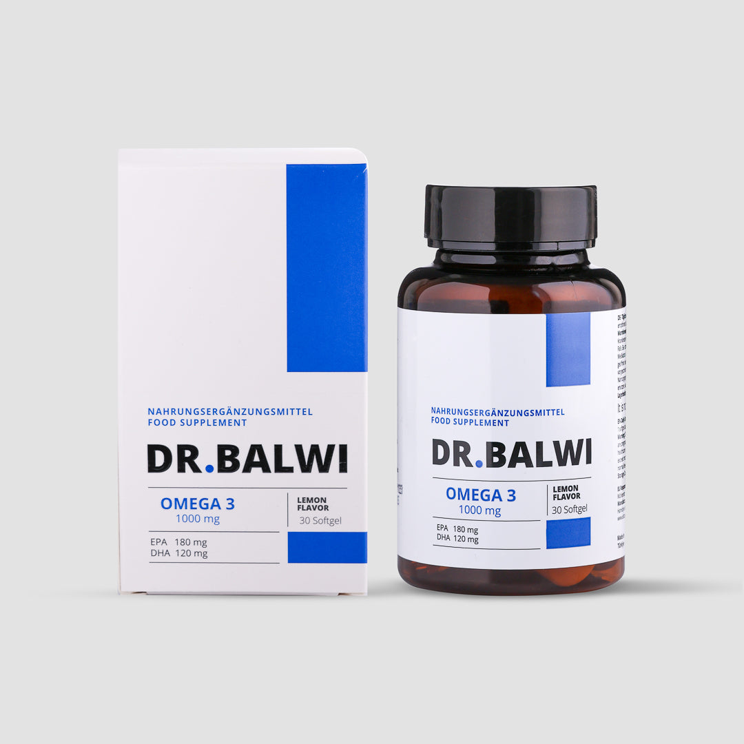 Eine Flasche und eine Schachtel des Nahrungsergänzungsmittels shop.elithairtransplant Daily Omega 3 mit Zitronengeschmack zur Unterstützung des Haarwachstums mit 30 Softgel-Kapseln auf hellgrauem Hintergrund. Die Verpackung ist weiß mit blauen und schwarzen Akzenten.
