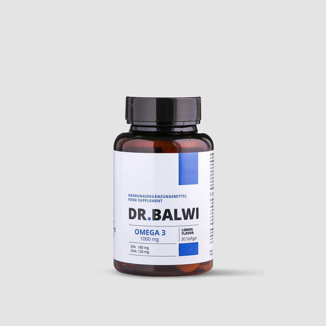 Eine braune Flasche mit einem schwarzen Deckel und der Aufschrift „shop.elithairtransplant Daily Omega 3, 30 Softgel-Kapseln für Haarwachstum“ ist vor einem schlichten hellgrauen Hintergrund abgebildet.