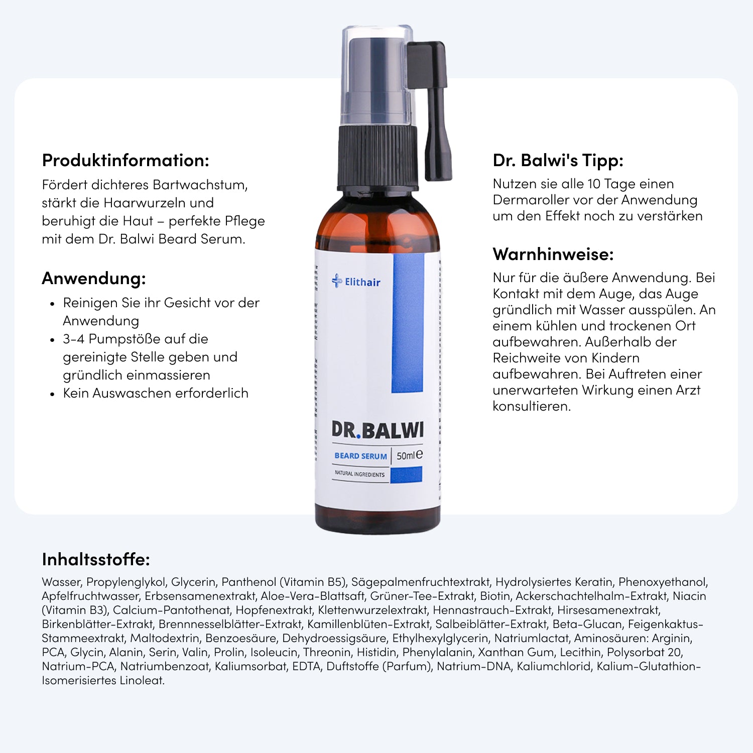 Eine Flasche Dr. Balwi Bartserum von Dr. Balwi Shop mit Sprühkopf ist abgebildet, mit Produktinformationen, Anwendungshinweisen, einem Bartpflege-Tipp, einem Warnhinweis und einer Zutatenliste in deutscher Sprache.