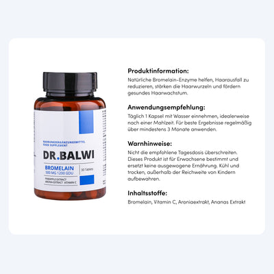 Eine braune Flasche Dr. Balwi Shop Bromelain steht neben deutschen Produktinformationen, Anwendungshinweisen, Warnhinweisen und Ananas Extrakt Zutaten auf weißem Hintergrund.