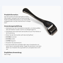 Ein Dr. Balwi Dermaroller von Dr. Balwi Shop mit feinen Nadeln liegt auf weißem Hintergrund. Daneben sind deutschsprachige Infos und Anwendungstipps zum Microneedling bei Haarausfall und zur Kopfhautpflege zu sehen.