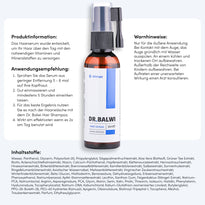 Eine Dr. Balwi Haarserum-Flasche mit einer Pumpe ist neben den Produktinformationen - Anwendungshinweise, Warnhinweise und eine Liste der pflanzlichen Stammzellen-Inhaltsstoffe in deutscher Sprache - auf weißem Hintergrund abgebildet. Marke: Dr. Balwi Shop.
