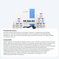 Abgebildet ist das Dr. Balwi Shop Dr. Balwi Meso Therapie Set, bestehend aus 10 Serumfläschchen, einem Microneedling Dermaroller und Anleitungskarten. Darunter befinden sich Textboxen mit Produktdetails und einer deutschen Zutatenliste.