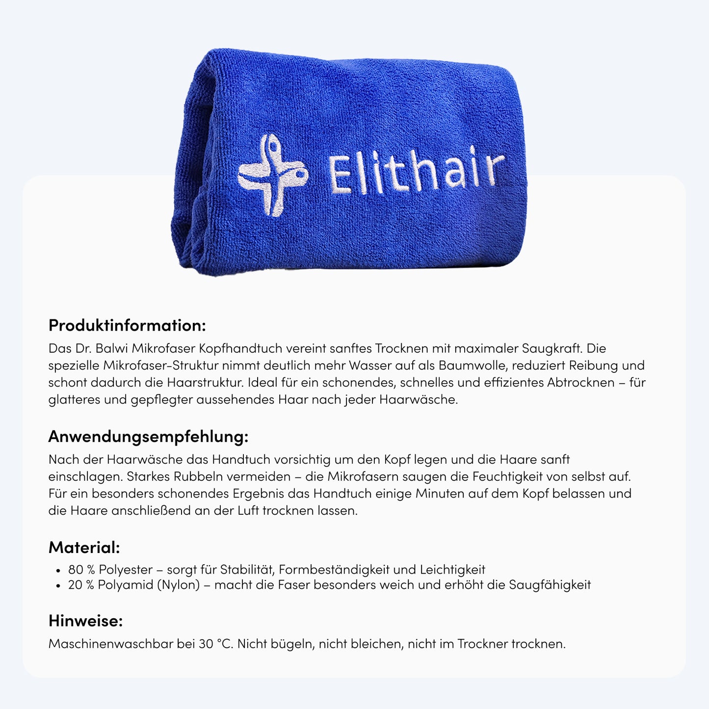 Ein blaues Mikrofaser-Kopfhandtuch aus dem Dr. Balwi Shop, auf dem "Elithair" und ein weißes Logo gestickt sind, ist aufgerollt. Darunter steht ein deutscher Text mit Produktinfos, Anwendungstipps, Material und Pflegehinweisen.