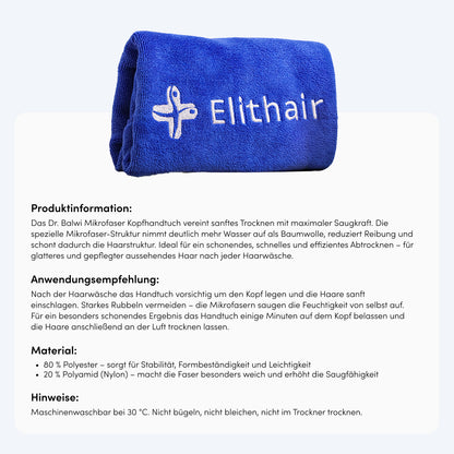 Ein blaues Mikrofaser-Kopfhandtuch aus dem Dr. Balwi Shop, auf dem "Elithair" und ein weißes Logo gestickt sind, ist aufgerollt. Darunter steht ein deutscher Text mit Produktinfos, Anwendungstipps, Material und Pflegehinweisen.