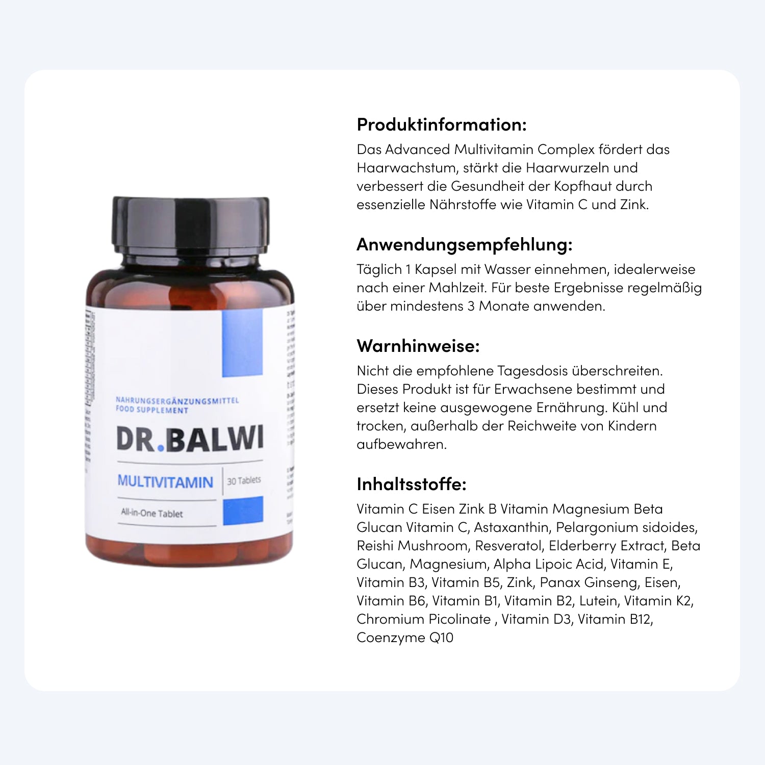 Links steht ein braunes Glas mit weiß-blauem Etikett von Dr. Balwi Shop Multivitamin Complex. Rechts daneben sind auf Deutsch Produktinfos, Anwendung, Warnhinweise und Zutaten wie Reishi-Pilzextrakt und Vitamin C für Haare zu sehen.