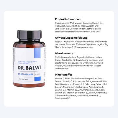 Links steht ein braunes Glas mit weiß-blauem Etikett von Dr. Balwi Shop Multivitamin Complex. Rechts daneben sind auf Deutsch Produktinfos, Anwendung, Warnhinweise und Zutaten wie Reishi-Pilzextrakt und Vitamin C für Haare zu sehen.