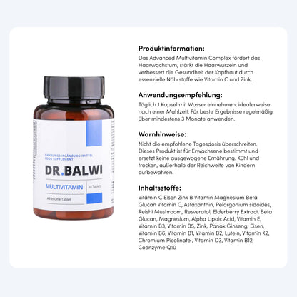 Links steht ein braunes Glas mit weiß-blauem Etikett von Dr. Balwi Shop Multivitamin Complex. Rechts daneben sind auf Deutsch Produktinfos, Anwendung, Warnhinweise und Zutaten wie Reishi-Pilzextrakt und Vitamin C für Haare zu sehen.