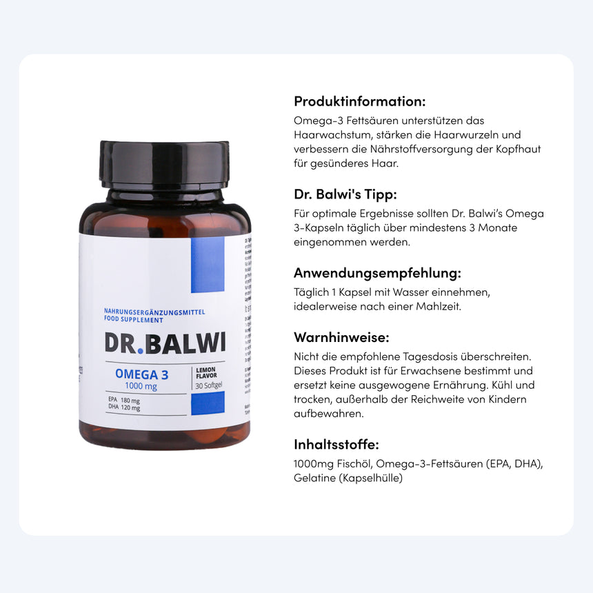 Eine Flasche Dr. Balwi Shop Daily Omega 3 steht neben einer Schachtel mit deutschem Text mit Produktinformationen, Tipps für das Haarwachstum, Anwendungshinweisen, Warnhinweisen, einer Botschaft von Dr. Balwi und der Zutatenliste.