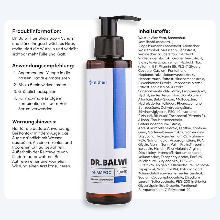 In der Mitte steht eine Flasche Dr. Balwi Shampoo von Dr. Balwi Shop, flankiert von deutschen Texten zu Haarwachstum, Produktinfo, Haarausfallpflege, Anwendungshinweisen, Warnhinweisen und einer Liste der Inhaltsstoffe.