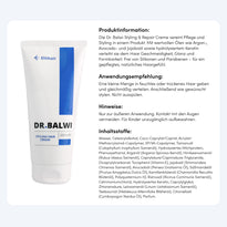 Auf der linken Seite ist eine Tube mit der Aufschrift Dr. Balwi Styling & Repair Creme aus dem Dr. Balwi Shop abgebildet. Rechts hebt der deutsche Text die Inhaltsstoffe Avocadoöl und Arganöl sowie Anwendungstipps hervor, alles auf einem sauberen weißen und hellgrauen Hintergrund.
