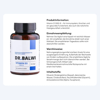 Links steht eine Flasche Dr. Balwi Shop Vitamin D 1000 IE, ideal bei Haarausfall oder Vitamin-D-Mangel. Auf der rechten Seite befinden sich in einem runden weißen Kasten die Gebrauchsanweisung, ein Warnhinweis und die Inhaltsstoffe in deutscher Sprache.