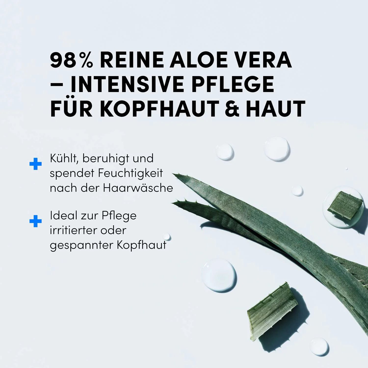 Dr. Balwi 98% Aloe Vera von shop.elithairtransplant spendet intensive Feuchtigkeit für Haut und Kopfhaut. Beta-Sitosterol kühlt, beruhigt und pflegt – sichtbar im frischen Aloe-Gel mit Wasserperlen auf blauem Hintergrund.
