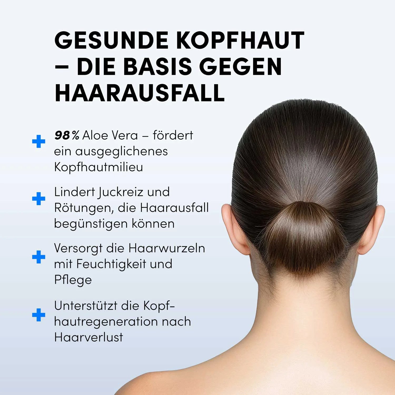 Eine Frau mit zum Knoten gebundenem Haar ist von hinten zu sehen. Links informiert shop.elithairtransplant über Dr. Balwi 98% Aloe Vera, das Feuchtigkeit spendet und bei Haarausfall, Juckreiz sowie zur Pflege der Haarwurzeln hilft.