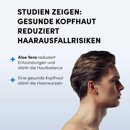 Ein junger Mann mit gesundem Haar steht vor hellblauem Hintergrund. Studien zeigen, dass eine gesunde Kopfhaut das Haarausfallrisiko senkt. Dr. Balwi 98 % Aloe Vera von shop.elithairtransplant spendet Feuchtigkeit und unterstützt die Gesundheit von Kopfhaut und Haarwurzeln.