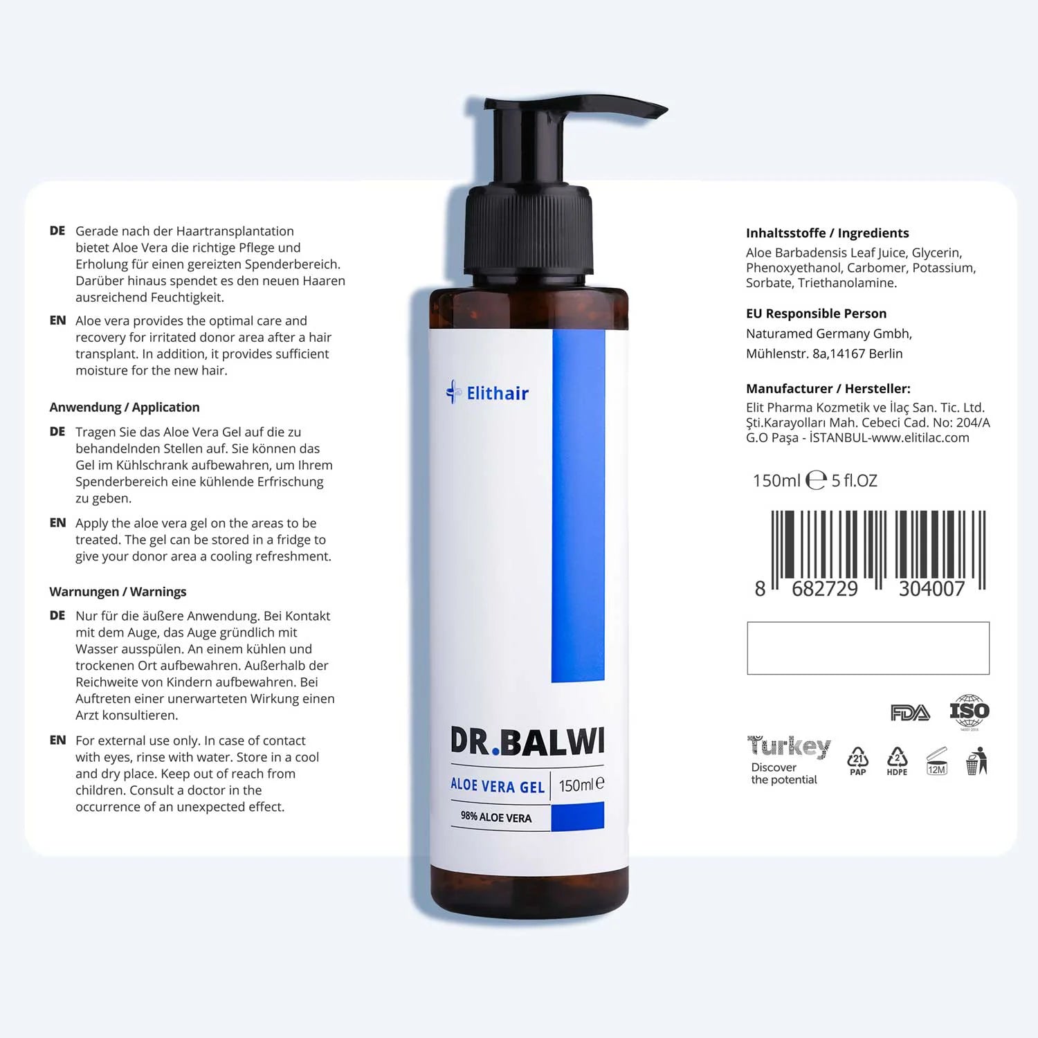 Eine 150ml Pumpflasche Dr. Balwi 98% Aloe Vera von shop.elithairtransplant, Feuchtigkeitspflege, mit Beta-Sitosterol; Anleitung und Details in Deutsch/Englisch auf hellem Hintergrund.