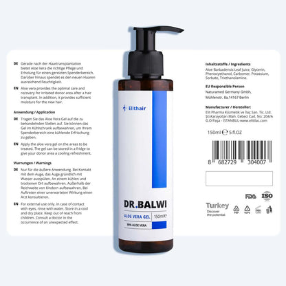 Eine 150ml Pumpflasche Dr. Balwi 98% Aloe Vera von shop.elithairtransplant, Feuchtigkeitspflege, mit Beta-Sitosterol; Anleitung und Details in Deutsch/Englisch auf hellem Hintergrund.