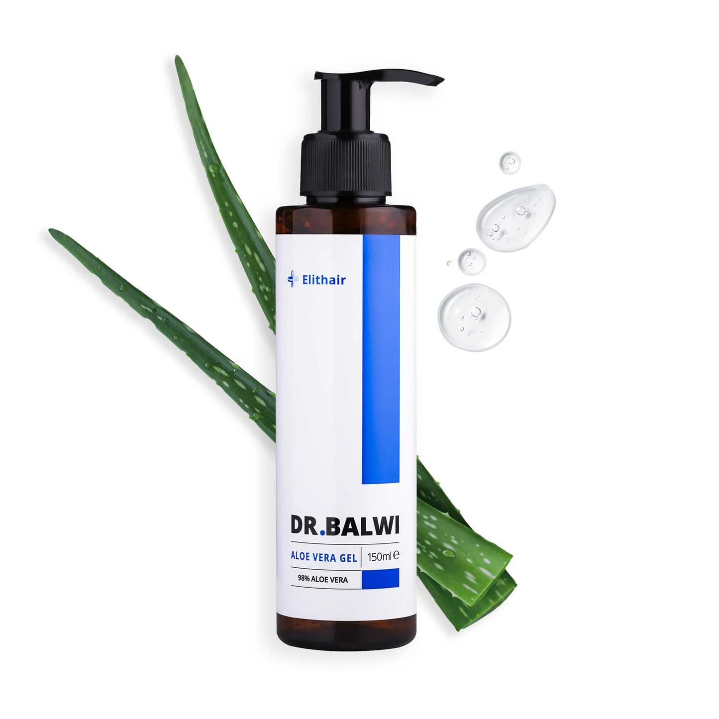 Eine 150 ml Flasche shop.elithairtransplant Dr. Balwi 98% Aloe Vera mit Pumpspender wird neben einem frischen Aloe Vera Blatt und Geltropfen auf weißem Hintergrund präsentiert. Ideal für die Kopfhautpflege.