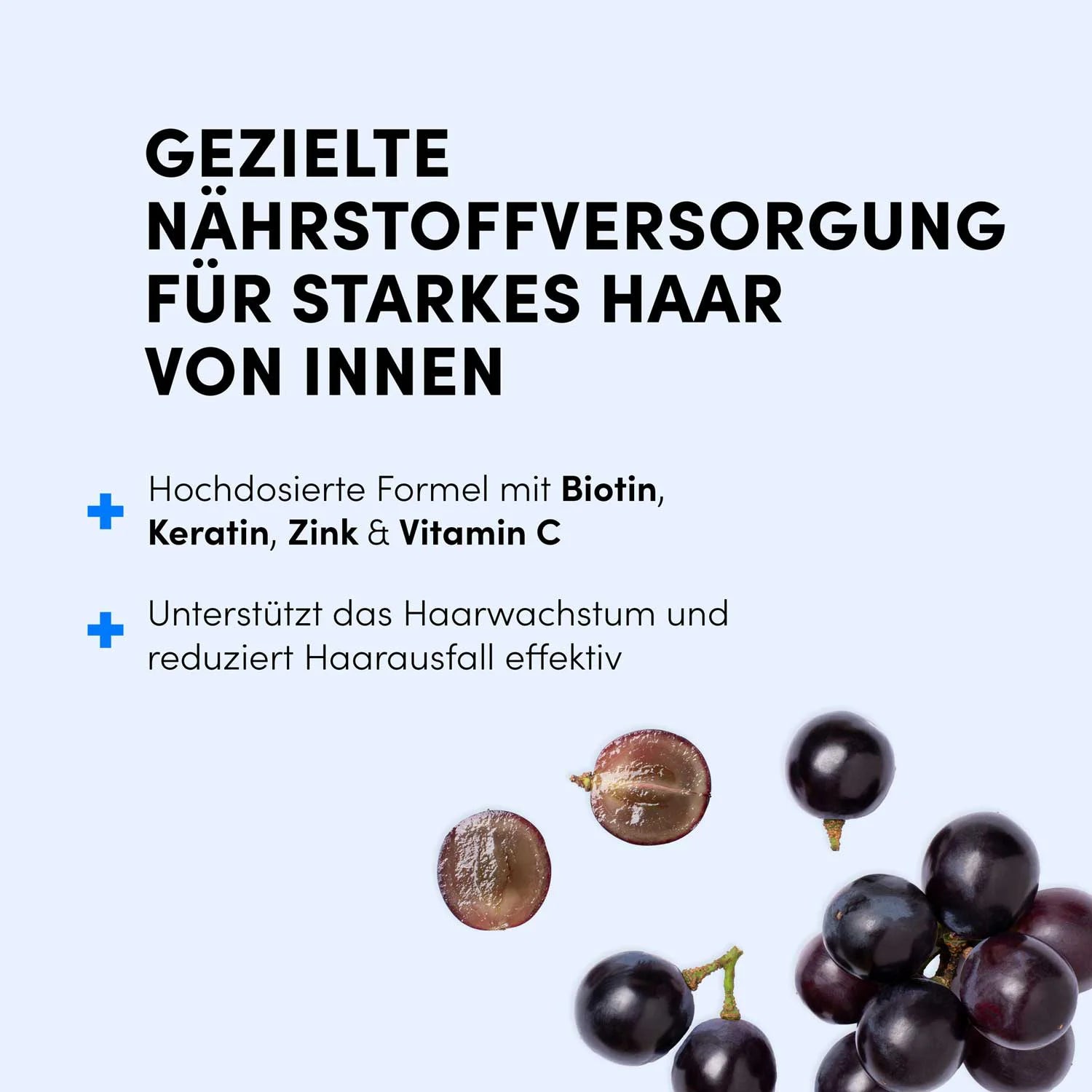 Biotin & Keratin Tabletten von shop.elithairtransplant versorgen Ihr Haar gezielt mit Biotin, Keratin, Zink und Vitamin C – für gesundes Wachstum und weniger Haarausfall. Im Bild siehst du schwarze Johannisbeeren auf blauem Hintergrund.