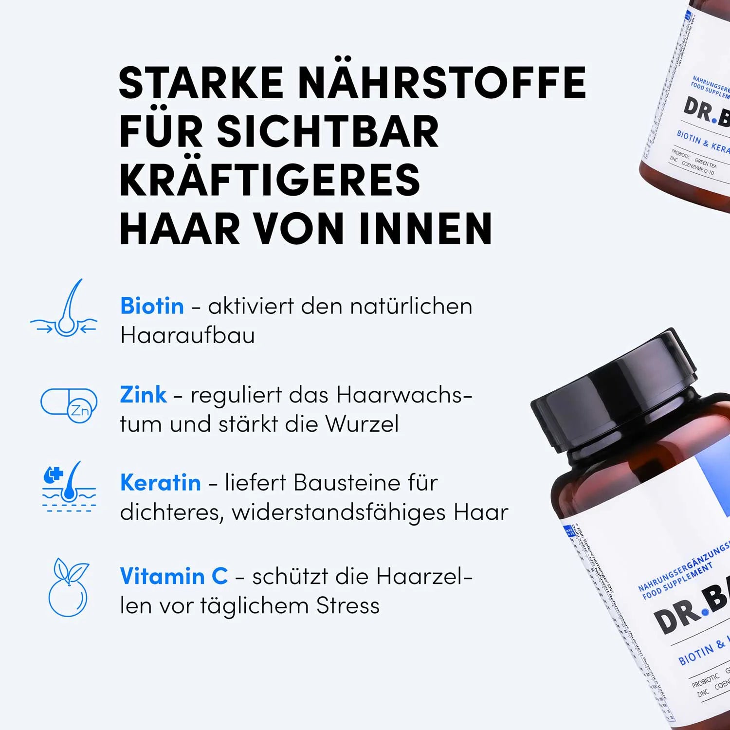 Eine deutsche Infografik präsentiert die Biotin- und Keratintabletten von shop.elithairtransplant. Biotin fördert das Haarwachstum, Zink stärkt die Haarwurzeln, Keratin sorgt für dichtes Haar und Vitamin C schützt die Haarzellen. Nahrungsergänzungsmittelflaschen sind teilweise rechts abgebildet.
