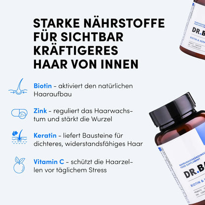 Eine deutsche Infografik präsentiert die Biotin- und Keratintabletten von shop.elithairtransplant. Biotin fördert das Haarwachstum, Zink stärkt die Haarwurzeln, Keratin sorgt für dichtes Haar und Vitamin C schützt die Haarzellen. Nahrungsergänzungsmittelflaschen sind teilweise rechts abgebildet.