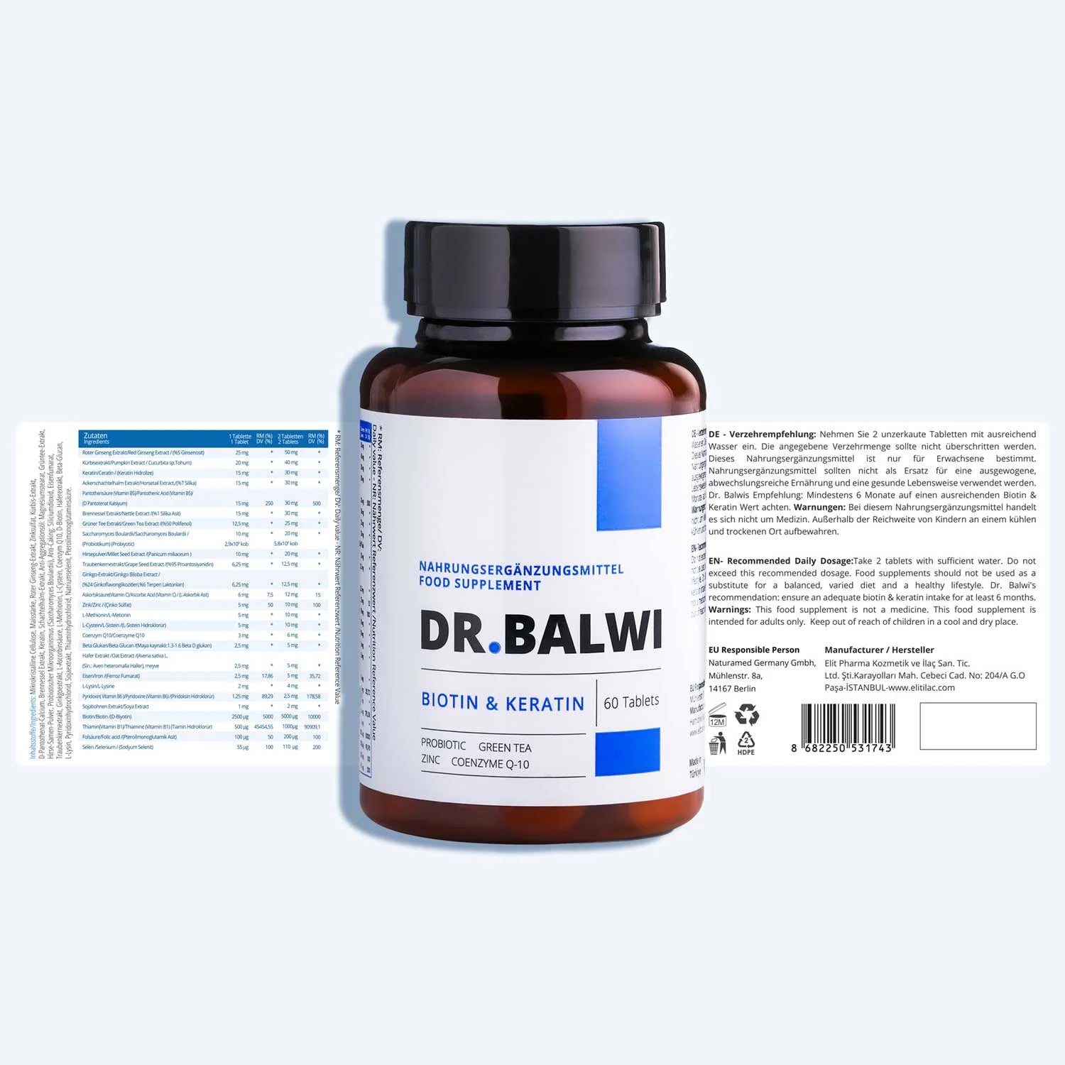 Eine braune Flasche mit der Aufschrift „shop.elithairtransplant Biotin & Keratin Tabletten, 60 Tabletten“ steht in der Mitte und betont die wichtigsten Nährstoffe für das Haarwachstum. Im Hintergrund sind deutsche und englische Nährwertangaben und Inhaltsstoffe abgebildet.
