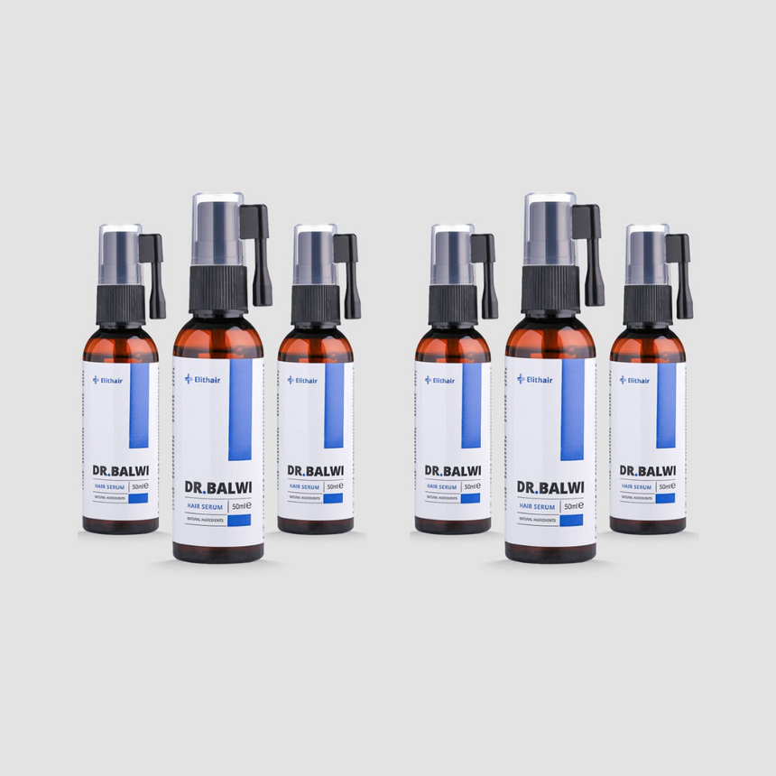 Sechs braune Flaschen Dr. Balwi Hair Serum aus dem Dr. Balwi Shop, jeweils mit schwarzem Sprühkopf und weißem Etikett, sind in zwei Dreiergruppen vor einem hellgrauen Hintergrund gruppiert - perfekt, um das Haarwachstum zu unterstützen und Haarausfall zu reduzieren.