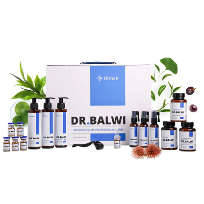 Das Dr. Balwi Hair Boost Set von shop.elithairtransplant umfasst Flaschen, Tiegel, Fläschchen und einen Dermaroller mit Procapil™, alles angeordnet vor einer Markenbox, die mit Blättern und natürlichen Inhaltsstoffen dekoriert ist.