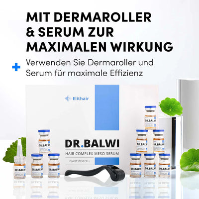 Das Dr. Balwi Meso Therapie Set von shop.elithairtransplant, bestehend aus Meso-Serum-Ampullen und einem Dermaroller, ist mit grünen Blättern versehen. Der deutsche Text betont die verbesserten Ergebnisse der Kombination von Microneedling und Serum.