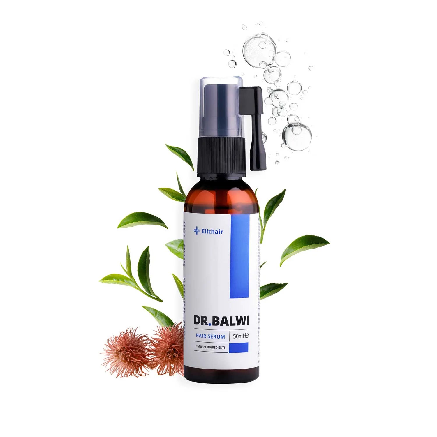 Eine braune Flasche Dr. Balwi Hair Serum von shop.elithairtransplant mit Sprühkopf ist zwischen grünen Blättern, einer Blume und Blasen auf weißem Hintergrund abgebildet. Das Etikett wirbt für Kopfhautpflege zur Unterstützung des Haarwachstums.