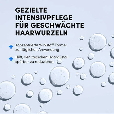 Der deutsche Text zum Dr. Balwi Haarserum von shop.elithairtransplant wird auf einem hellblauen Hintergrund mit durchscheinenden Blasen angezeigt und betont die tägliche Anwendung zur intensiven Haarwurzelpflege, Unterstützung des Haarwachstums und Reduzierung des Haarausfalls.